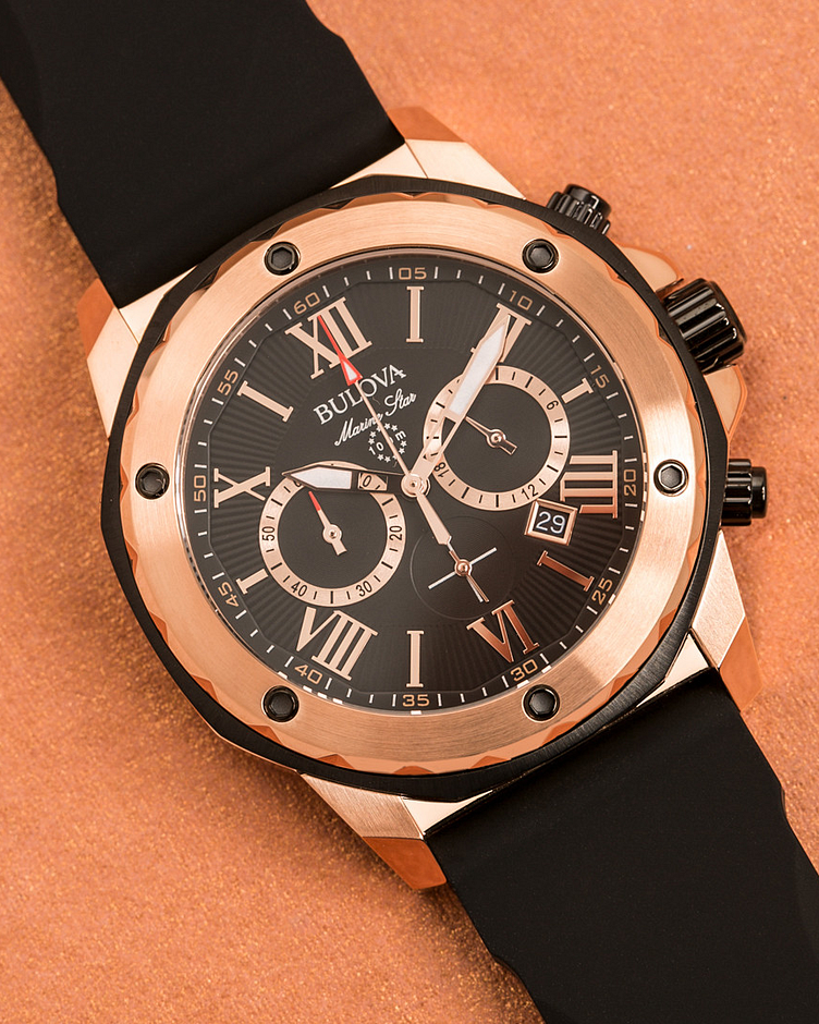 Bulova Marine Star Men's Rose Gold Black Dial Black Strap Watch Bulova Marine Star Men's Rose Gold Black Dial Black Strap Watch
